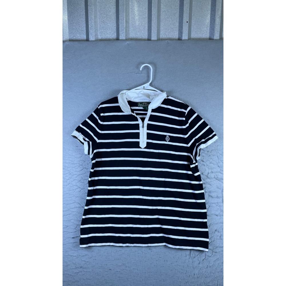 Lauren Ralph Lauren Active Polo Shirt Womens XL Blue White Excellent Striped Zip